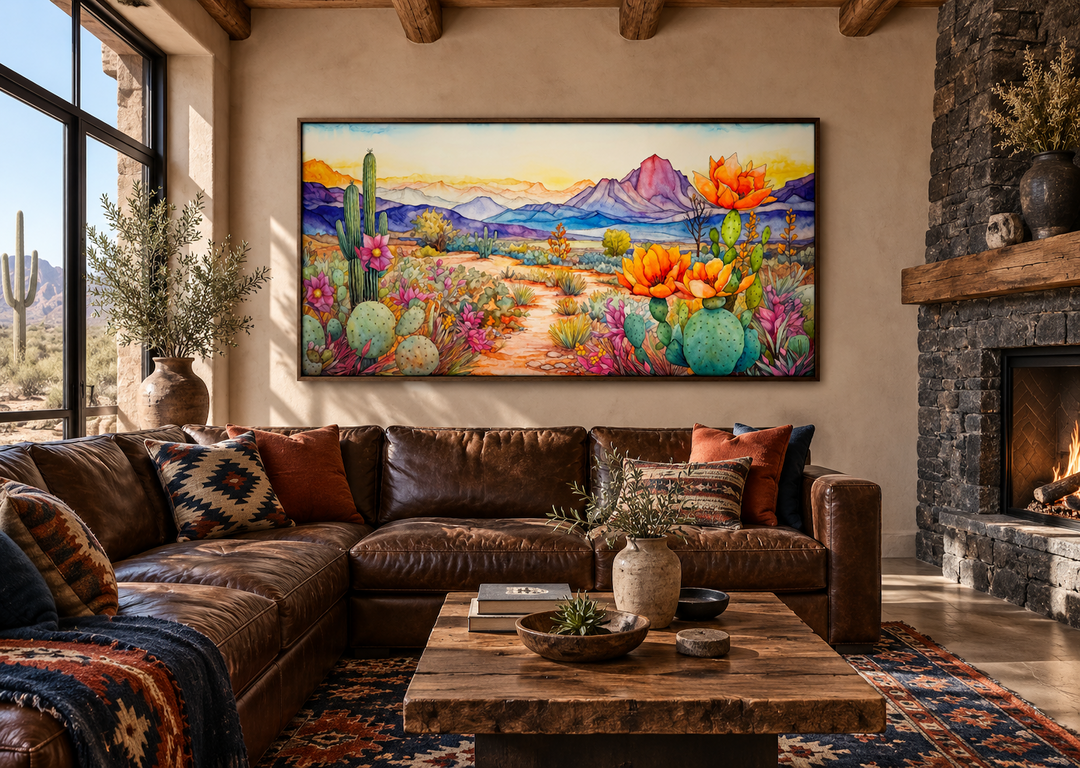 Framed colorful Arizona desert canvas wall art hanging above a brown leather sofa in a living room.