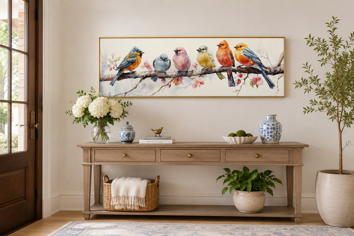 Colorful birds on a branch long horizontal wall art above a wooden console table in a living room.