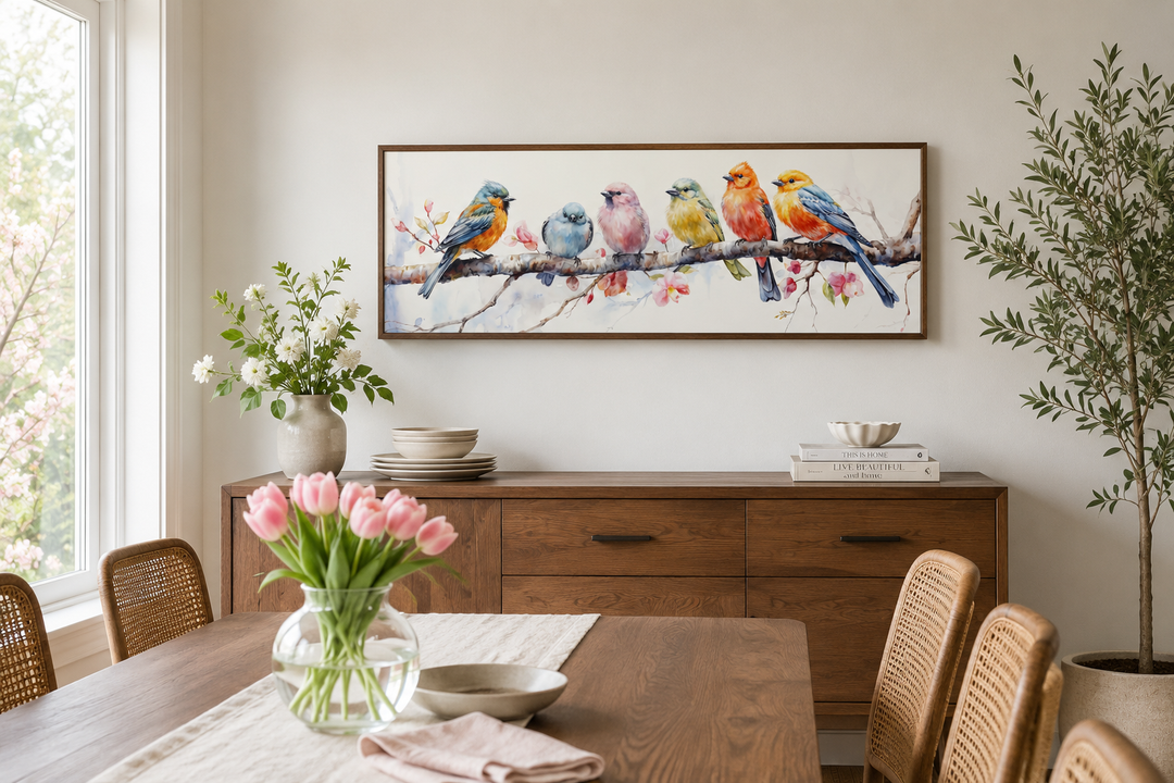 Colorful birds on a branch long horizontal wall art above a wooden sideboard in a dining room.
