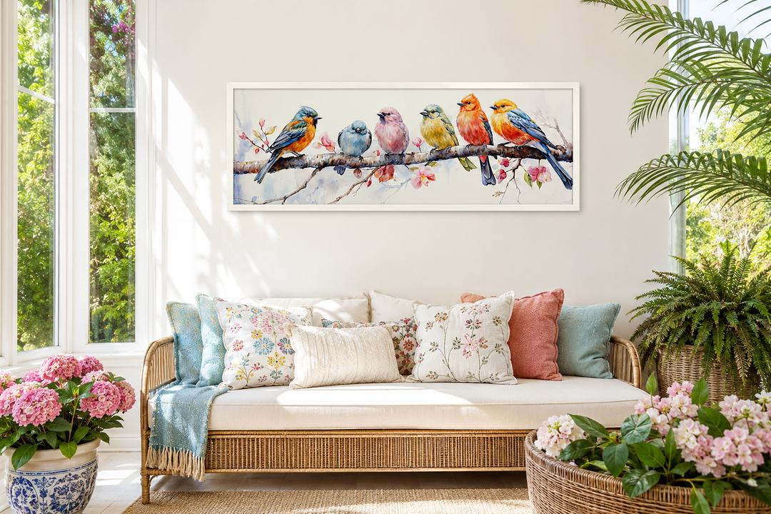 Colorful birds on a branch long horizontal wall art above a sofa in a bright, airy living room.