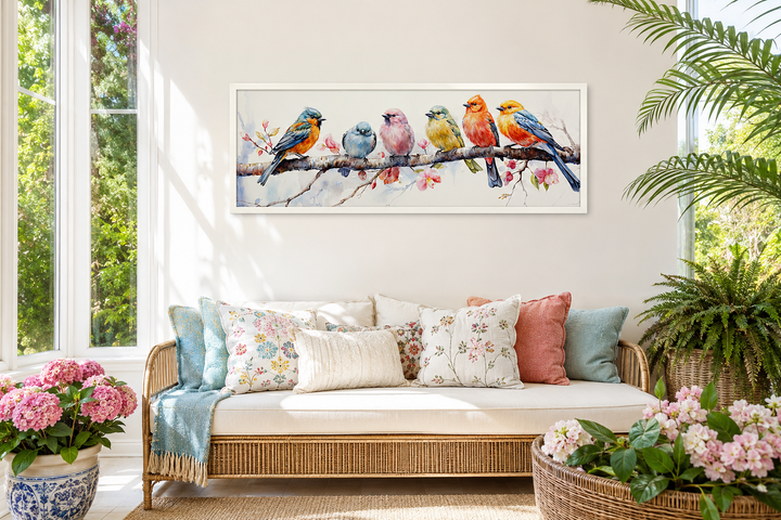 Colorful birds on a branch long horizontal wall art above a sofa in a bright, airy living room.