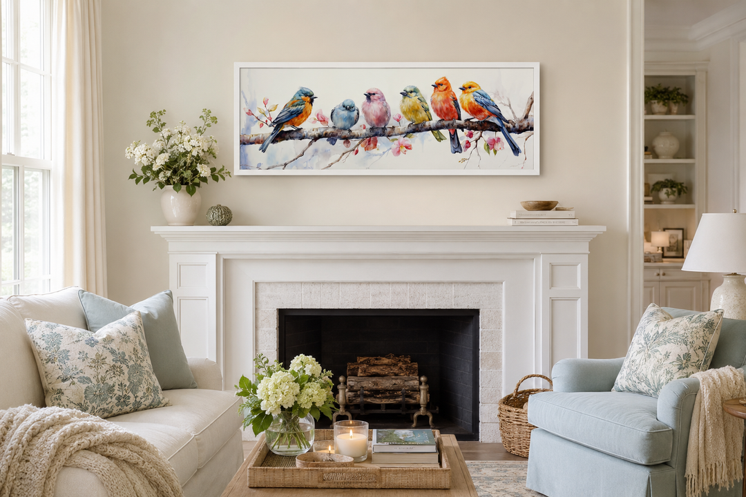 Colorful birds on branch long horizontal wall art above a white fireplace in a bright living room.