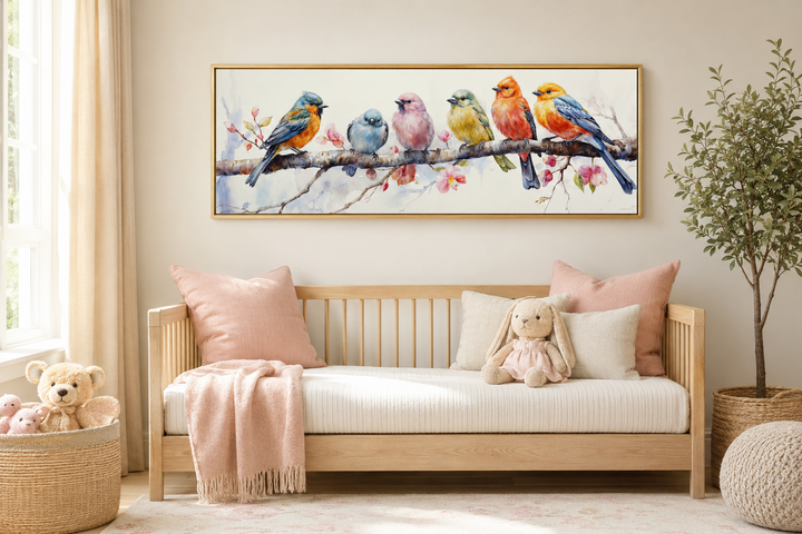 Colorful birds on a branch long horizontal wall art in a gold frame above a wooden daybed.
