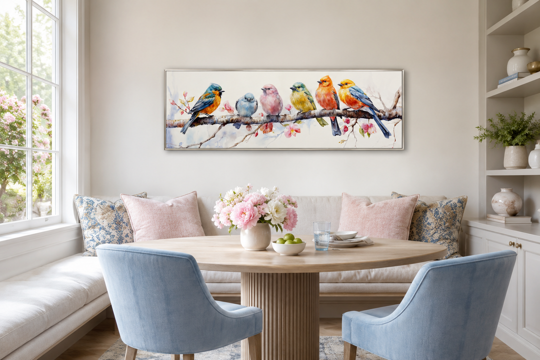 Colorful birds on branch long horizontal wall art above a dining nook with blue chairs.