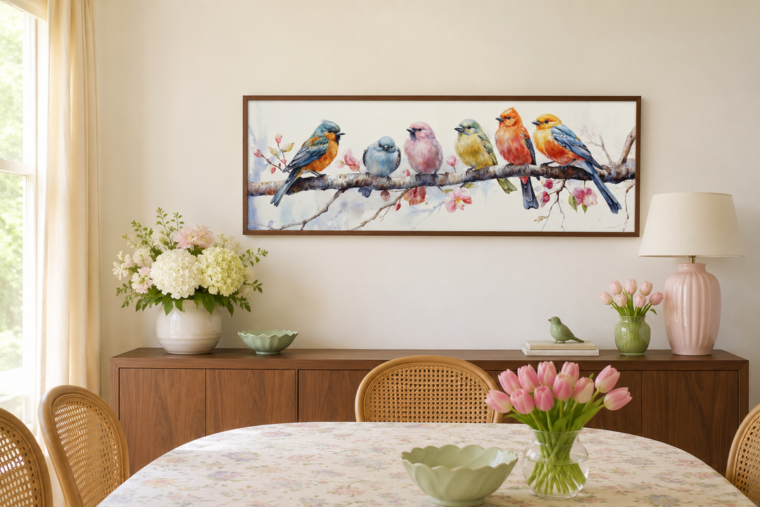 Colorful birds on branch long horizontal wall art above a wooden sideboard in a dining room.