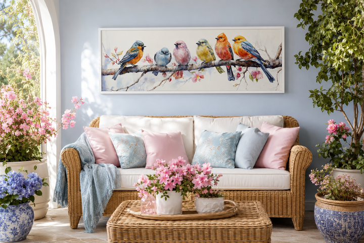 Colorful birds on branch long horizontal wall art above a wicker sofa with pastel pillows.