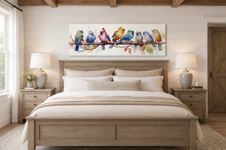 Colorful birds on a branch horizontal framed canvas wall art hanging above a wooden bed frame.