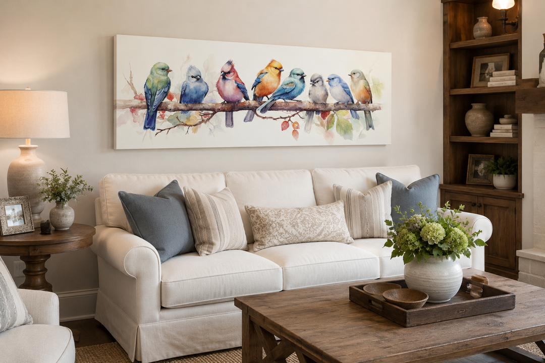 Colorful Birds On A Branch horizontal framed canvas wall art hanging above a white sofa.