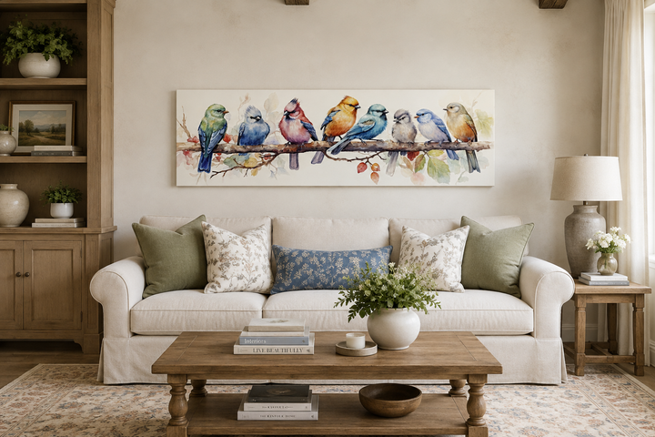 Horizontal framed canvas wall art featuring colorful birds on a branch above a living room sofa.