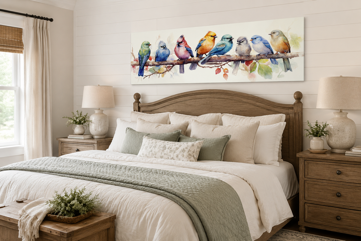 Colorful birds on a branch horizontal framed canvas wall art hanging above a bed in a bedroom.