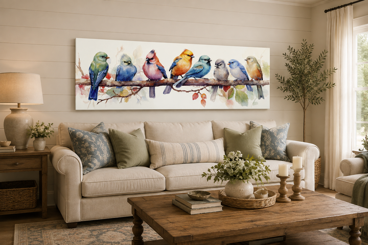 Horizontal framed canvas wall art featuring colorful birds on a branch above a beige sofa.