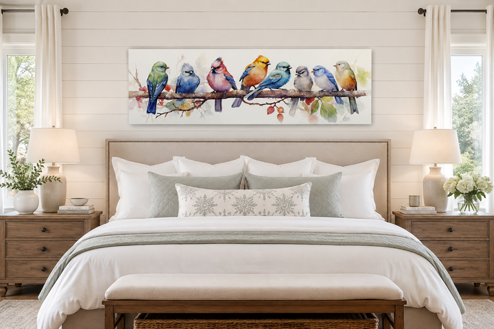 Colorful Birds On A Branch horizontal framed canvas wall art hanging above a bed in a bedroom.