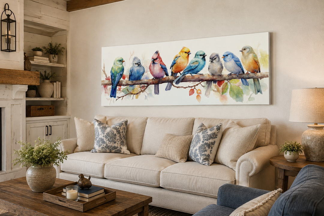 Colorful birds on a branch horizontal framed canvas wall art hanging above a beige sofa.