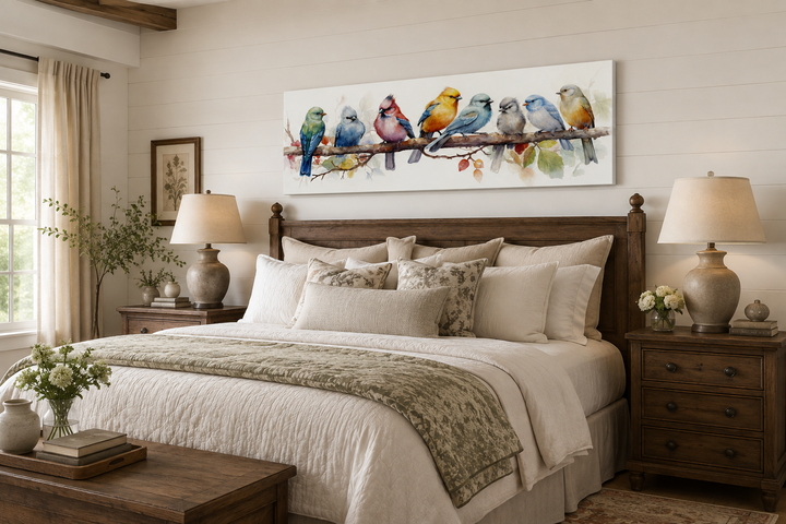 Colorful birds on a branch horizontal framed canvas wall art hanging above a bed in a bedroom.