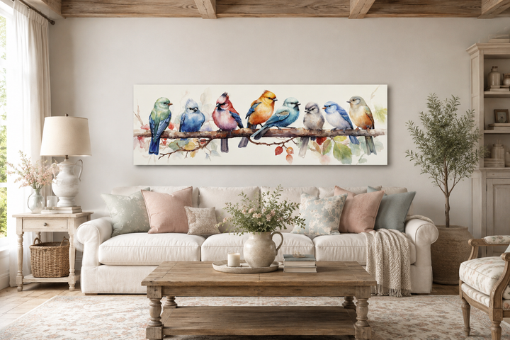 Colorful Birds On A Branch Horizontal Framed Canvas Wall Art displayed above a white sofa.
