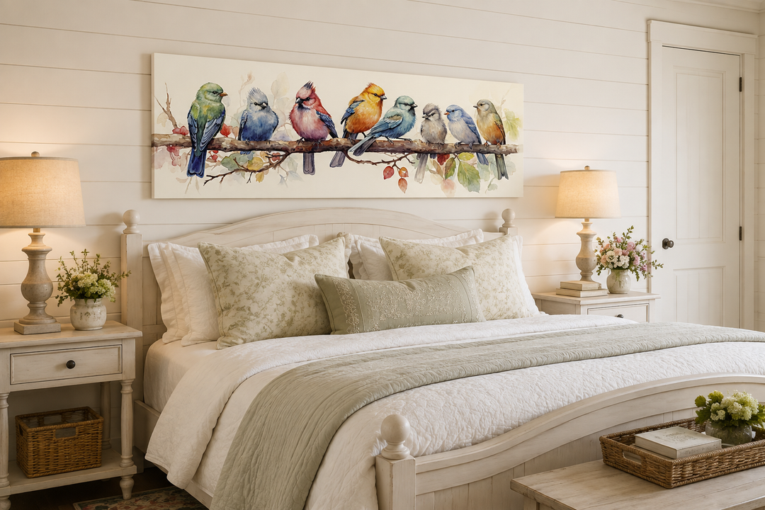 Colorful birds on a branch horizontal framed canvas wall art hanging above a bed in a bedroom.