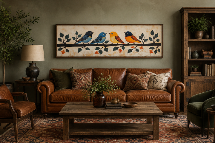 Long narrow folk style canvas print of four colorful birds on a branch above a brown leather sofa.