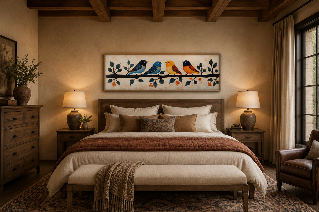 Folk style long narrow canvas print of colorful birds on a branch above a bed in a rustic bedroom.