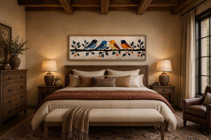 Folk style long narrow canvas print of colorful birds on a branch above a bed in a rustic bedroom.