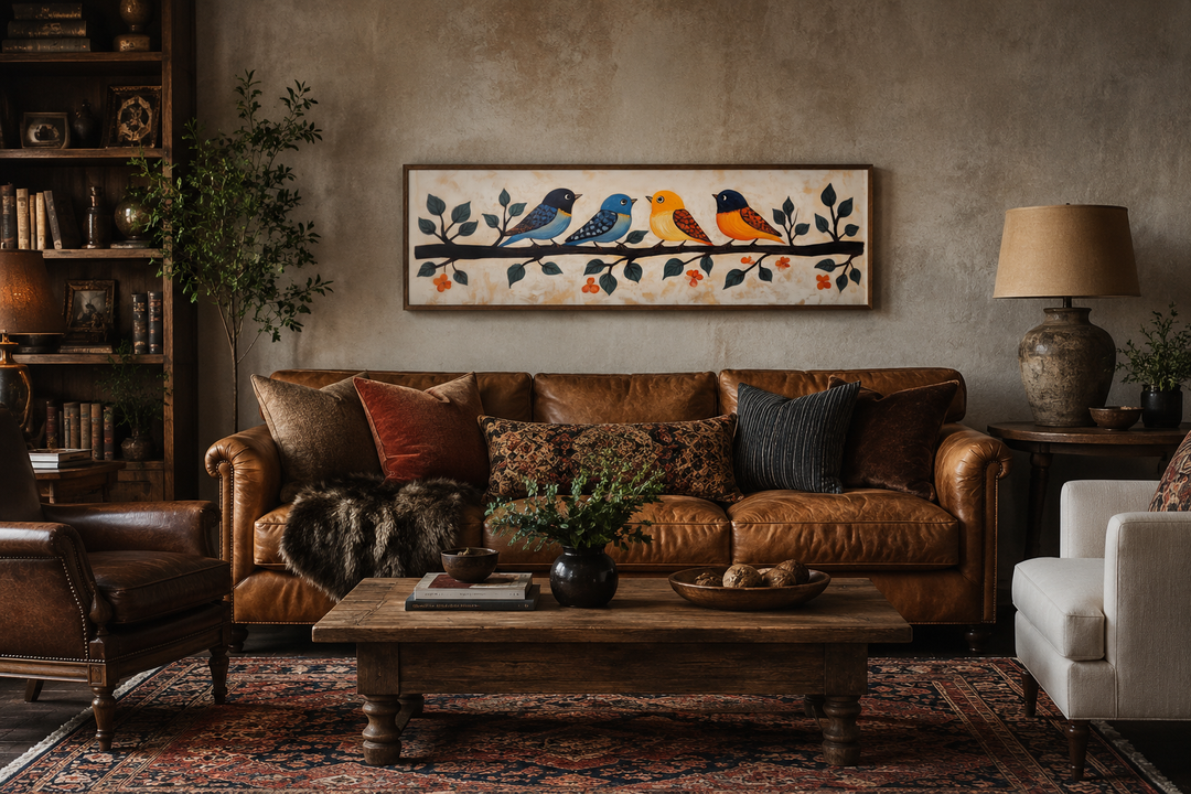 Long narrow folk-style canvas print of colorful birds on a branch above a brown leather sofa.