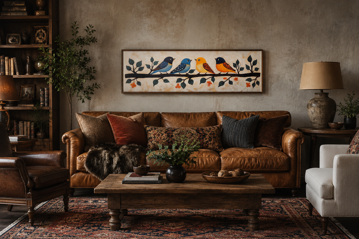 Long narrow folk-style canvas print of colorful birds on a branch above a brown leather sofa.