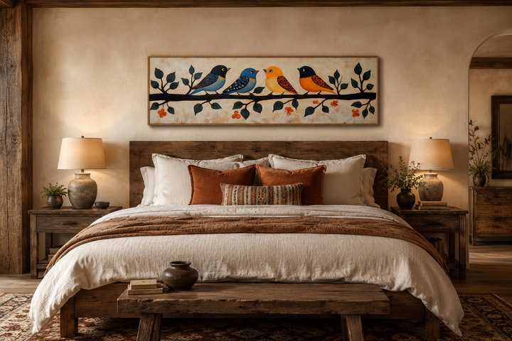 Folk style long narrow canvas print of colorful birds on a branch above a rustic wooden bed.