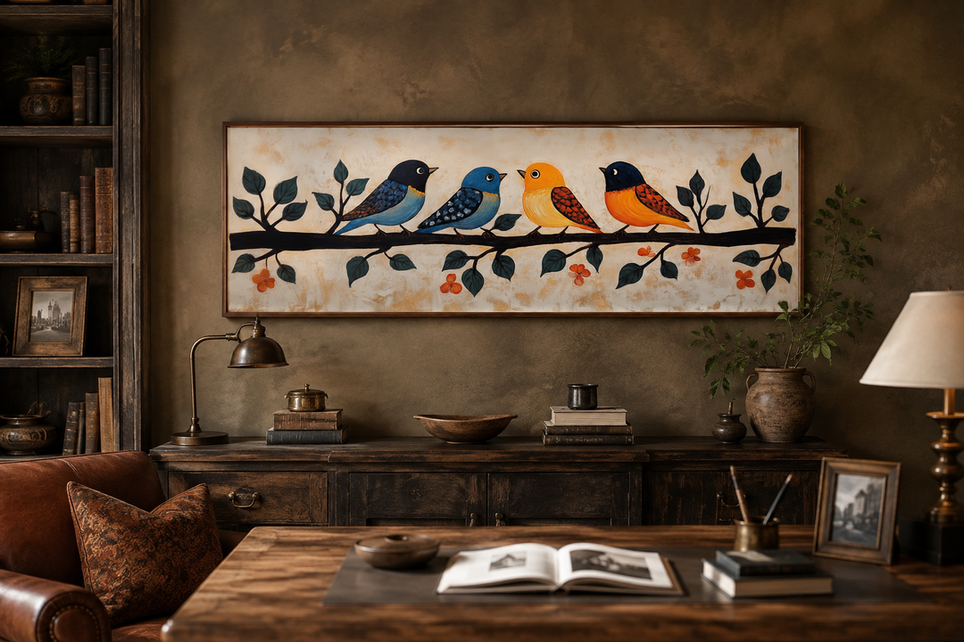 Long narrow folk-style canvas print of four colorful birds on a branch above a rustic wooden desk.