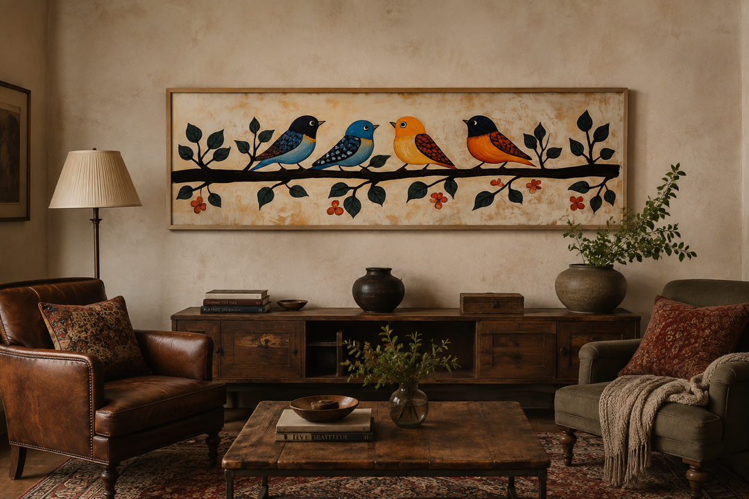 Long narrow folk style canvas print of four colorful birds on a branch above a wooden sideboard.
