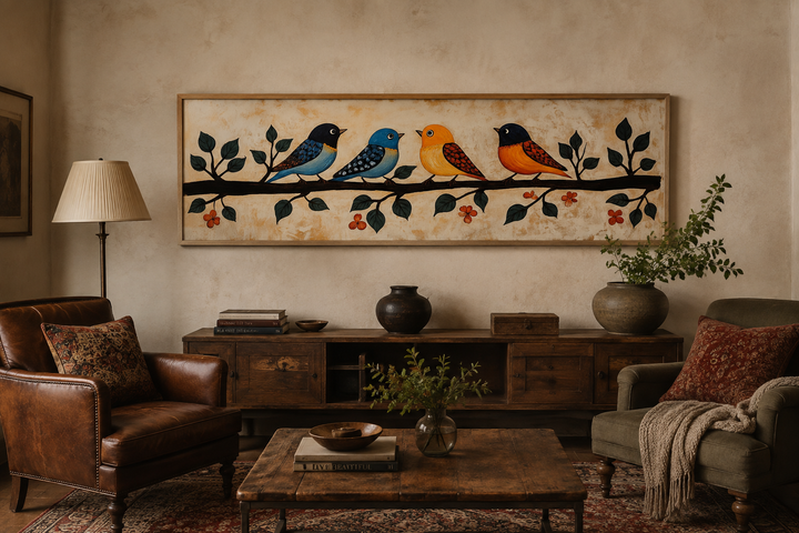 Long narrow folk style canvas print of four colorful birds on a branch above a wooden sideboard.
