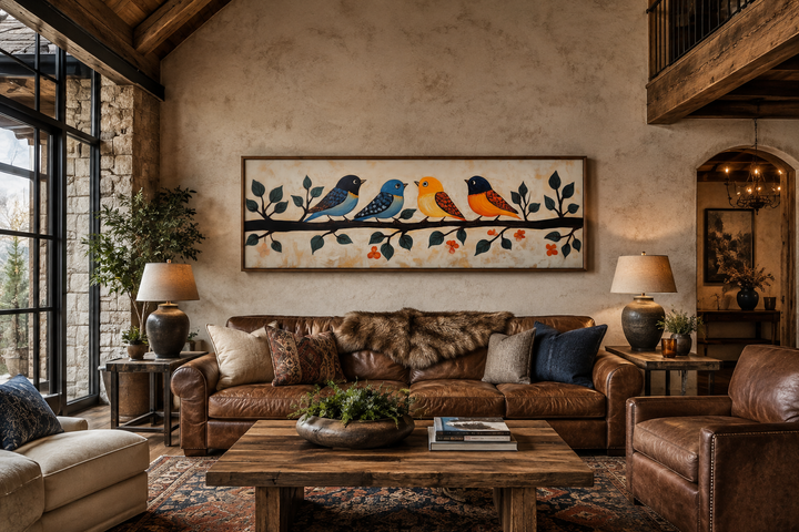 Long narrow folk style canvas print of four colorful birds on a branch above a brown leather sofa.