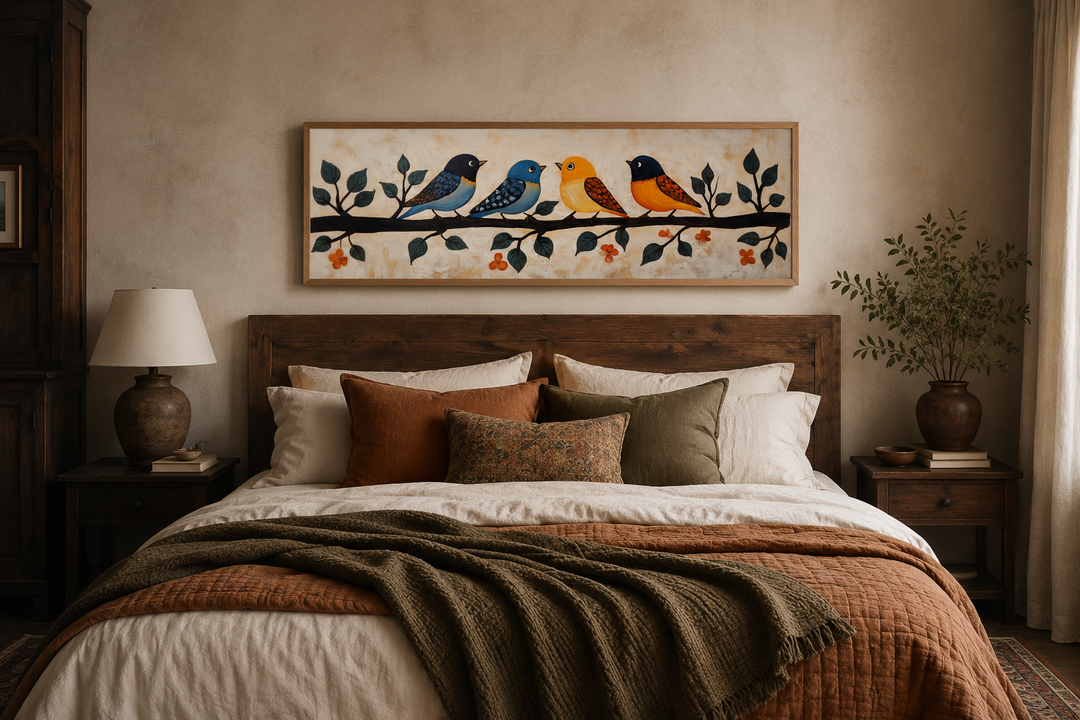 Long narrow folk style canvas print of colorful birds on a branch above a rustic wooden bed.