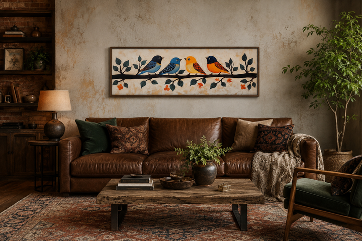 Folk style long narrow canvas print of colorful birds on a branch above a brown leather sofa.