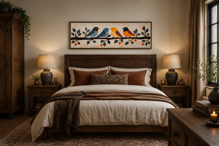 Long narrow folk style canvas print of four colorful birds on a branch above a wooden bed.