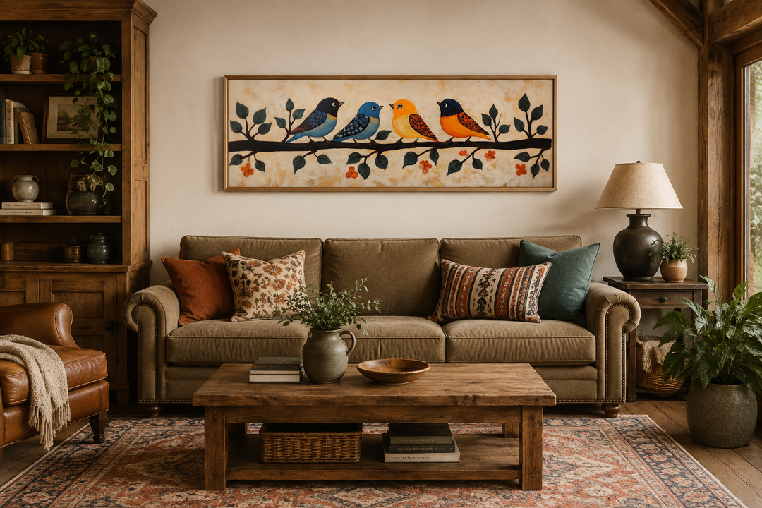 Long narrow folk-style canvas print of colorful birds on a branch above a brown sofa.