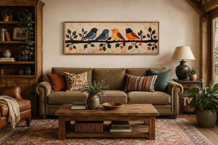 Long narrow folk-style canvas print of colorful birds on a branch above a brown sofa.