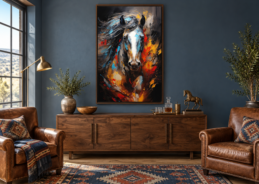 Extra large framed abstract canvas wall art of a colorful horse in a modern living room.