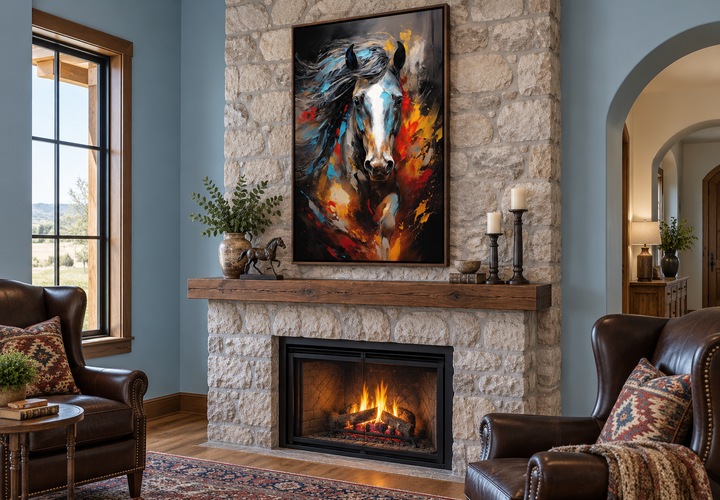 Extra large framed abstract canvas wall art of a colorful horse above a stone fireplace mantel.