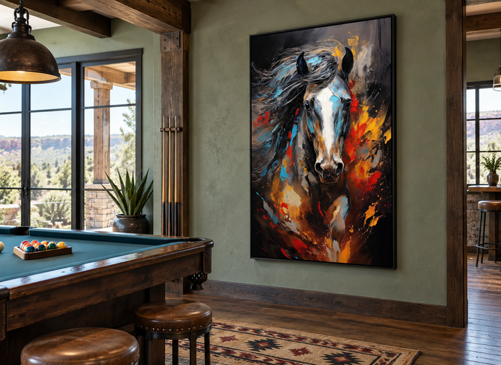 Extra large framed canvas wall art featuring a colorful abstract painting of a galloping horse.
