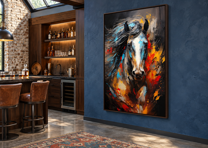Extra large framed canvas wall art featuring a colorful abstract horse painting in a modern room.