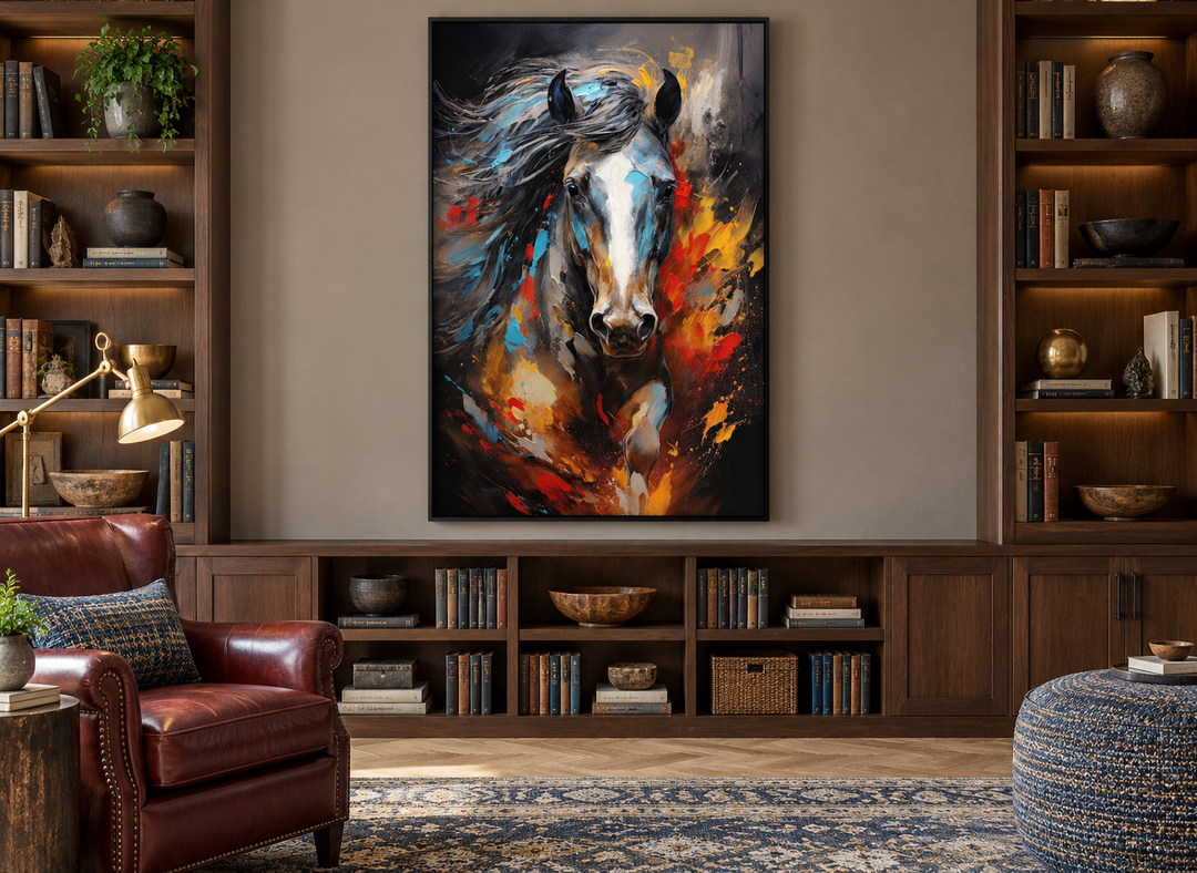 Extra large framed canvas wall art of a colorful abstract horse painting in a modern library.
