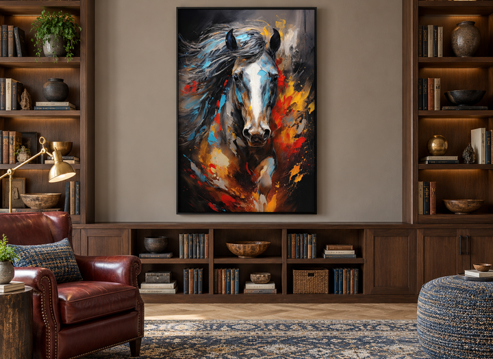 Extra large framed canvas wall art of a colorful abstract horse painting in a modern library.
