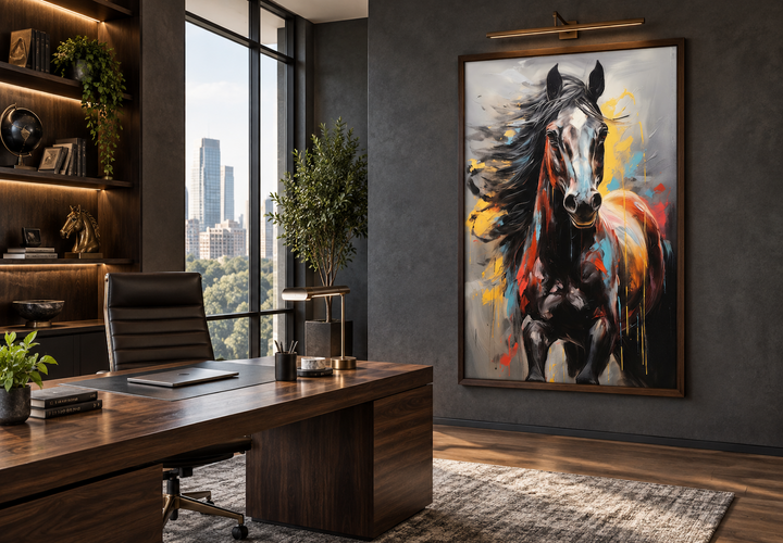 Colorful abstract horse framed canvas wall art hanging in a modern office above a wooden desk.