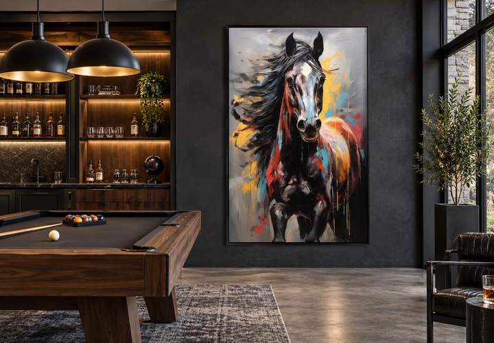 Colorful abstract horse framed canvas wall art hanging in a modern dark-walled game room.