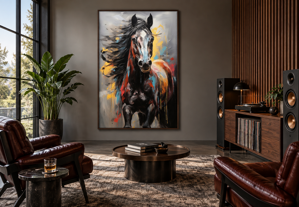 Extra large framed canvas wall art featuring a colorful abstract painting of a galloping horse.