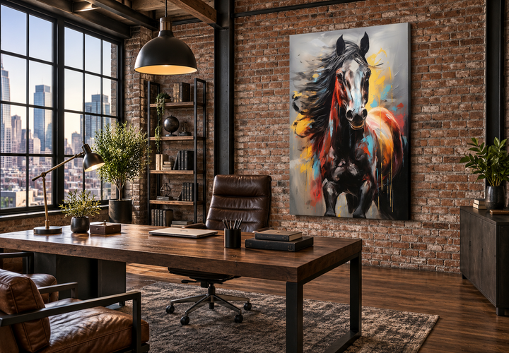 Colorful abstract horse framed canvas wall art hanging on a brick wall in a modern office.