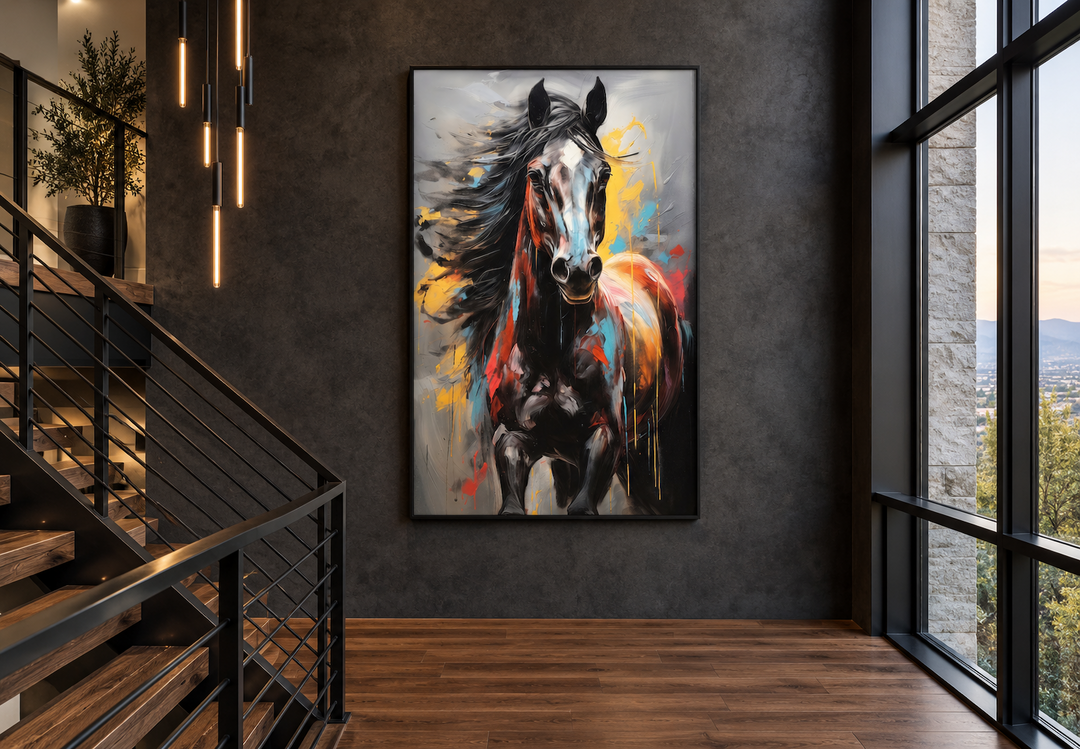 Colorful abstract horse framed canvas wall art hanging in a modern dark-walled interior.