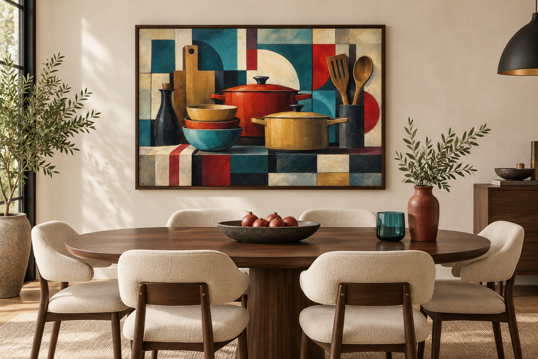 Modern abstract geometric kitchen framed canvas wall art above a wooden dining table and chairs.