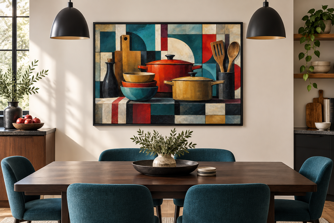Modern abstract geometric kitchen framed canvas wall art above a dining table with blue chairs.