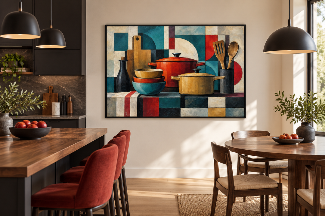 Modern abstract geometric kitchen framed canvas wall art featuring colorful pots and utensils.