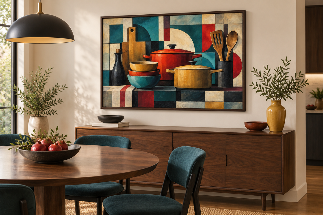 Modern abstract geometric kitchen framed canvas wall art above a wooden sideboard in a dining room.